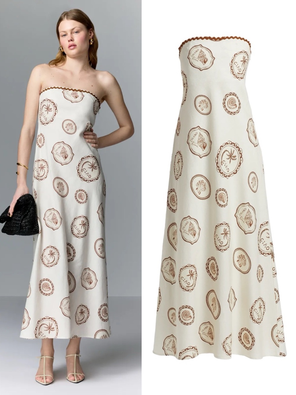 Kivari • Anthropologie Ciao Strapless Maxi Dress white linen print rickrack - Picture 7 of 15